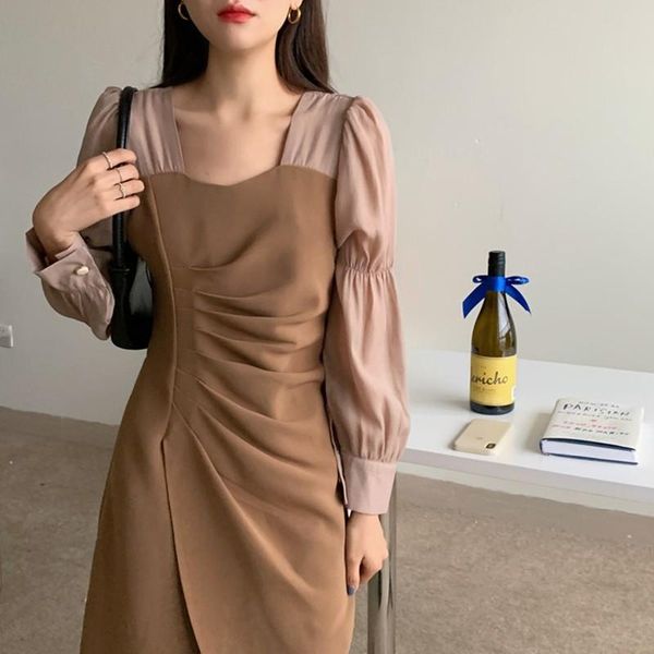 

casual dresses office lady elegant long dress arrival 2021 autumn korean style square collar patchwork color women pencil w580, Black;gray