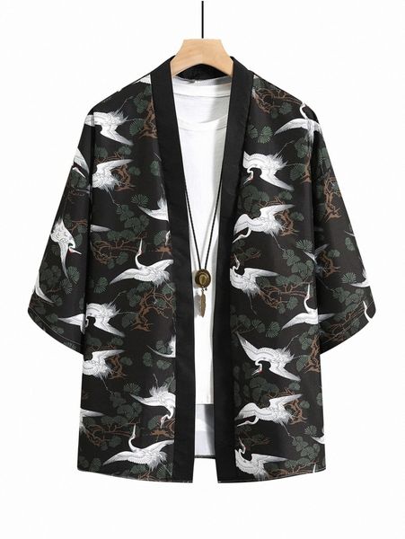 

men crane print drop shoulder kimono without tee m8fb#, White;black