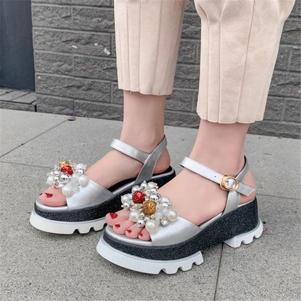 

gorgeous pearl genuine leather sandals women thick sole chunky block high heels platform lady summer shoes gold silver, Black