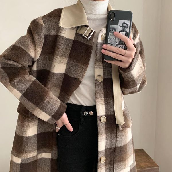 

vintage woolen coat women's fashion lapel long cloth coats women 2021 korean loose plaid autumn and winter wool & blends, Black