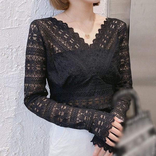 

lace hollow fashion solid color women t shirts v neck long sleeve jacquard, White