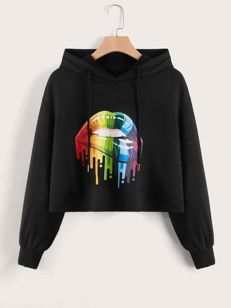 

plus lip print drop shoulder drawstring hoodie l7pu#, Black