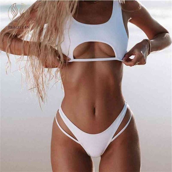 

peachtan solid white bikini two piece suit high cut swimwear women hollow out swim female push up bathing 210621, White;black