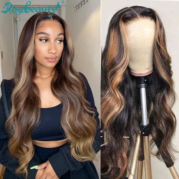 

#4/27 highlight wig brazilian body wave 13x4 lace front human hair wigs honey blonde ombre remy1, Black;brown