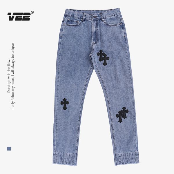 

crosin ve2 spring and summer cross embroidered cloth raw hem jeans, Black