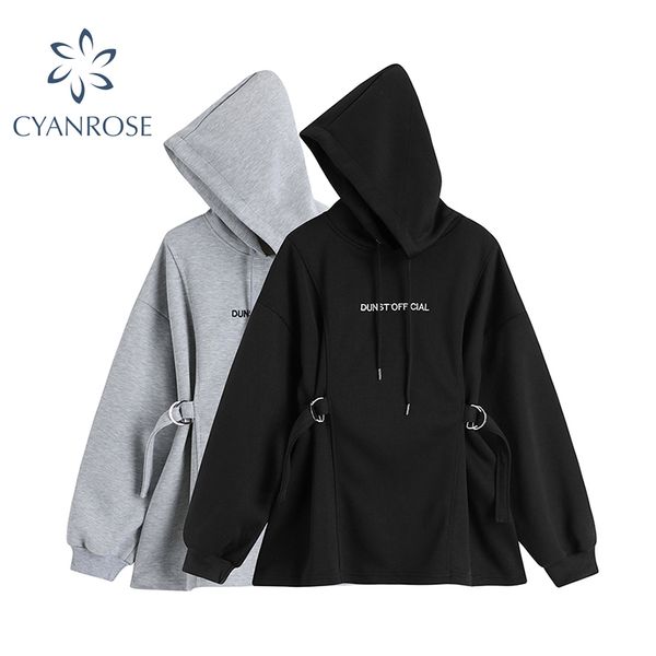 

hoodies sweatshirt pullover loose high waist bandage design slim black grey hooded sport lady streetwear gothic jumper 210417, White