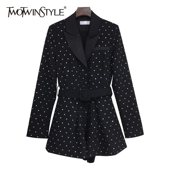 

twotwinstyle casual patchwork diamond jumpsuit for women notched long sleeve high waist wide leg pants dot jumpsuits female new 210428, Black;white