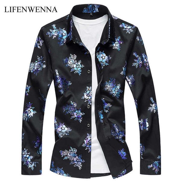 

fashion casual men's shirt autumn flower print long sleeve shirts mens business mens dress shirts men clothes -7xl 210528, White;black