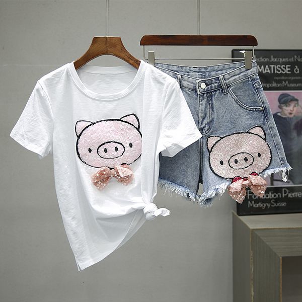 

women's tracksuits women summer 2 piece set sequins cartoon pig print short sleeve t-shirt and denim shorts odjq, Gray