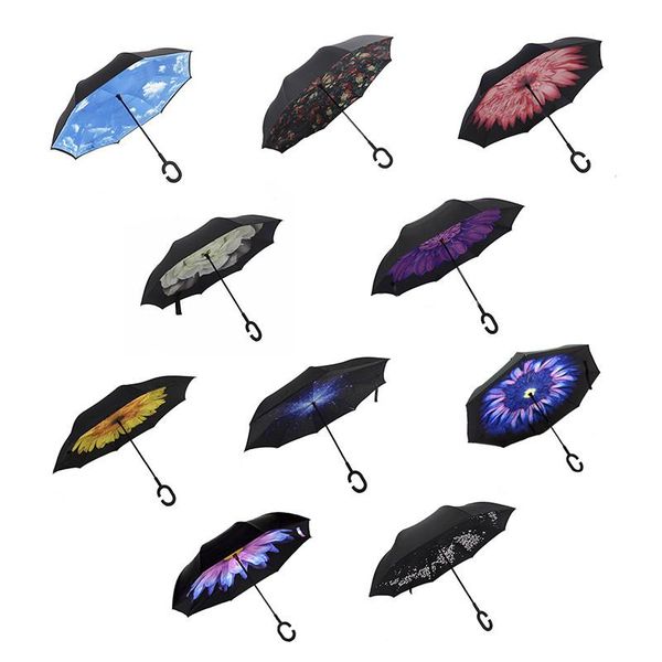

umbrellas women umbrella folding reverse double layer fabric windproof inverted self stand fold inside out rain protection c-hook