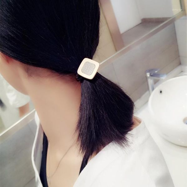 

square alloy leather hair bands fashion women girls ponytail holder buttons elastic ropes accessories scrunchies1