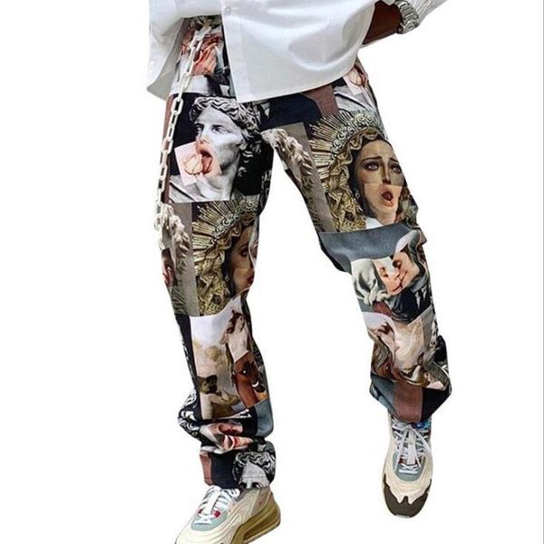 

men's pants printed straight loose mid waist casual street hip-hop floral, Black