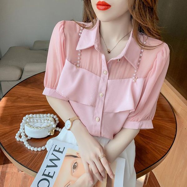 

women's blouses & shirts design feeling of pearl chain korean style pure color shirt 2021 summer, White