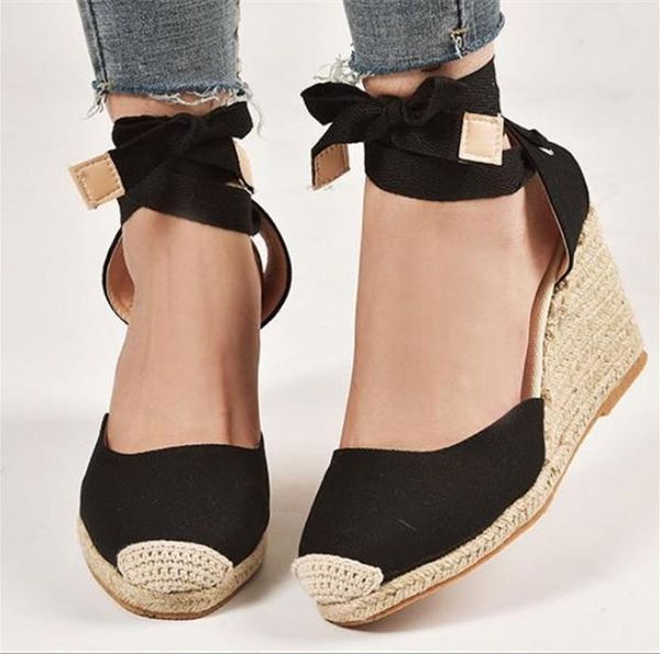 

sandals 2021 women fashion narrow band shoes ankle strap wedge female beige plus size 35-43, Black