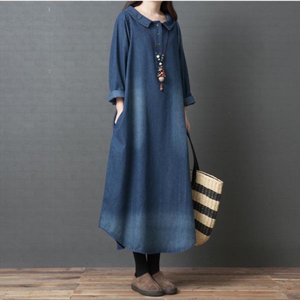 

spring denim long loose womens dress turn down collar sleeve cotton blue, Black;gray