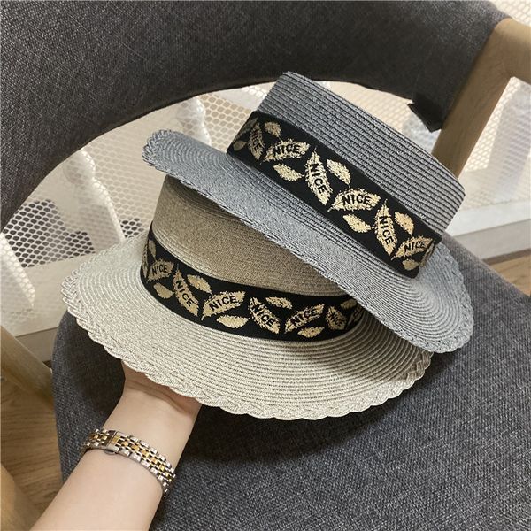 

french women's gold leaf strap flat straw thin grass folding hat beach sun protection beach hat summer, Yellow