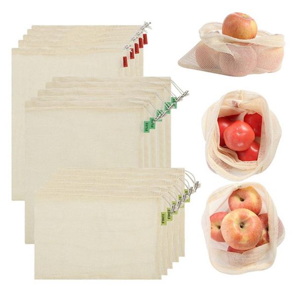 3 pcs / set Reutilizável malha de malha sacos orgânico algodão vegetal saco de compras de frutas home sacos frescos bolsa de armazenamento saco de cordão