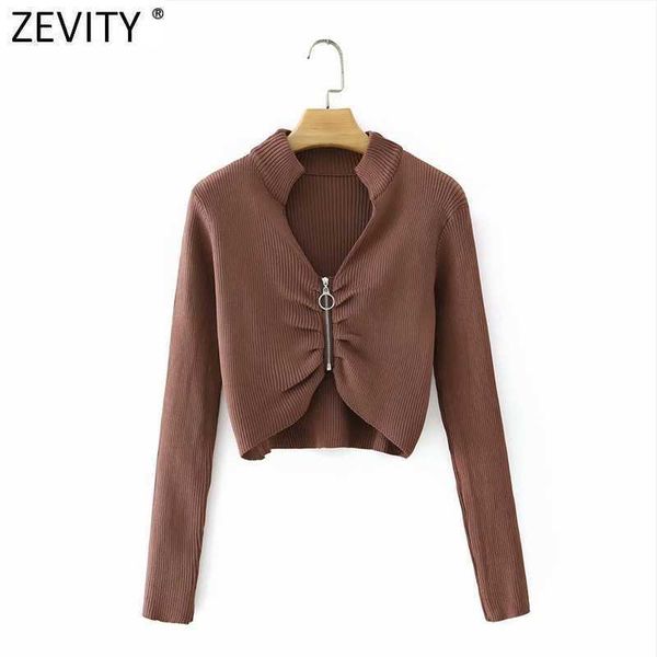 

zevity women stand collar pleated zipper decoration short knitting sweater female chic casual slim s643 210603, White;black