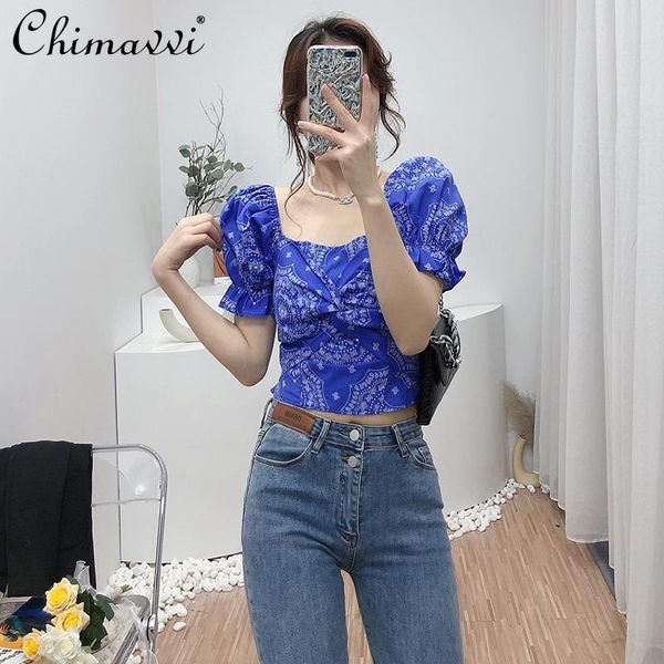 

women's blouses & shirts printed puff sleeve square collar summer high waist slimming short shirt female korean pleated plus size, White