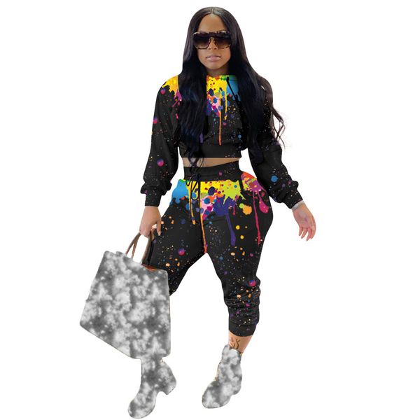 

autumn winter women fashion splash ink 2 piece set ladies casual hooded crop drawstring high waist beam feet pants tracksuit 210414, White