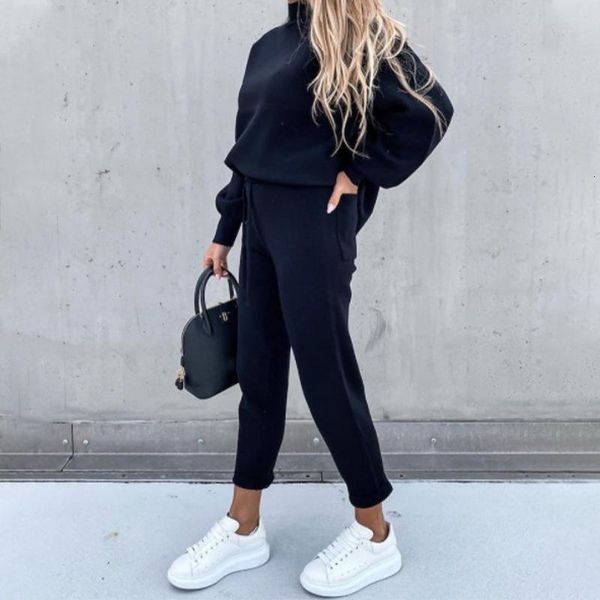 

women's tracksuits autumn women set solid sweatshirt drawstring long pant casual female suit turtleneck sport streetwear loose lady jog, Gray