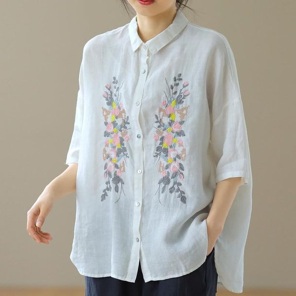 

women's blouses & shirts johnature women cotton turn-down collar short sleeve embroidery button blouse 2021 summer loose casual soft sh, White