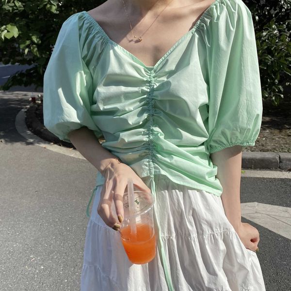 

hxjjp drawstring lace-up short sleeve blouse for women's summer v-neck bubble shirt 210607, White