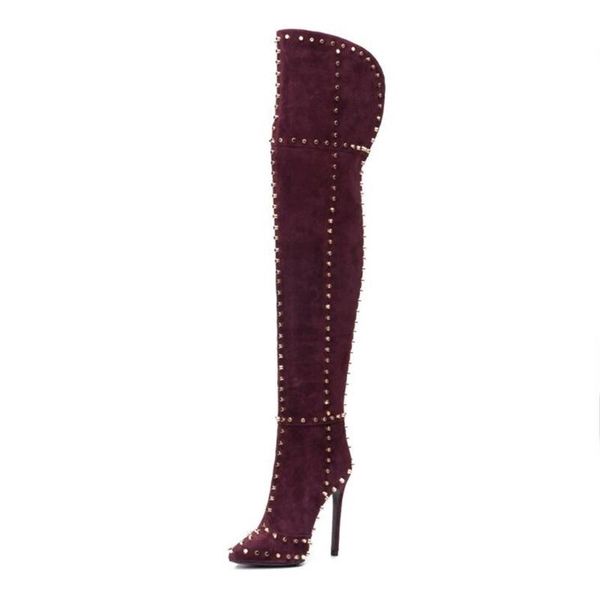 

boots woman autumn winter gold rivets studded wine red thigh high pointed toe back big v hollow ladies shoes, Black