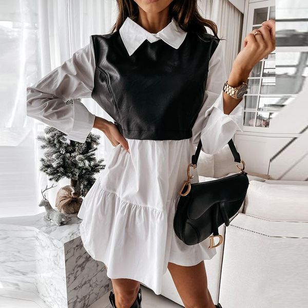 

casual dresses women plaid dress spring fashion long sleeve pu leather patchwork shirt turn-down collar office lady mini vestidos, Black;gray