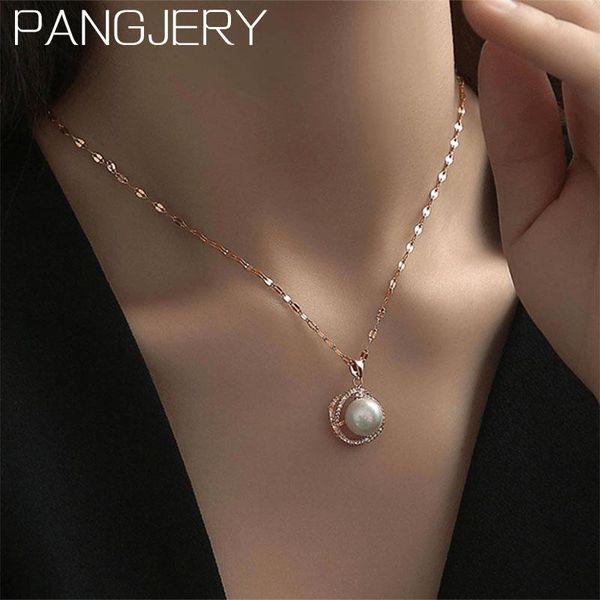 

chains pangjery 925 sterling silver prevent allergy single pearl necklaces for women fashion asymmetric geometric birthday jewelry gift