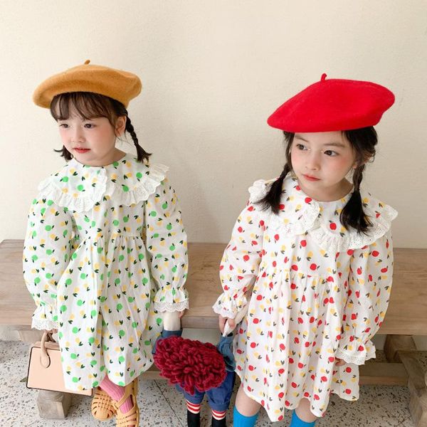 

girl's dresses 2021 girls spring long sleeve lace lapel embroidered floral dress, Red;yellow