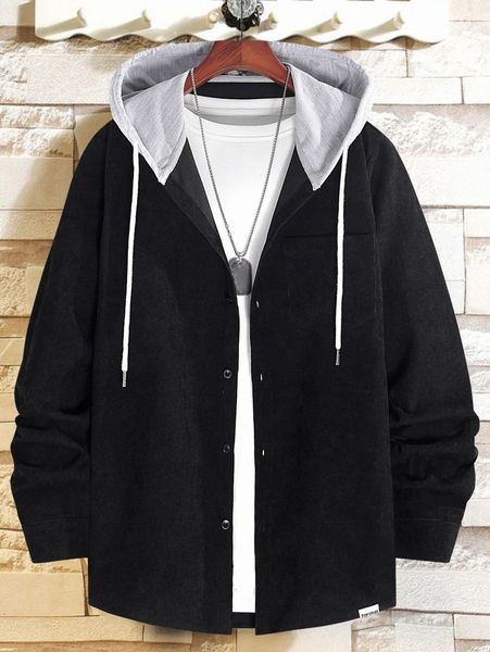 

men pocket front drawstring hooded coat without tee 240f#, Black;brown