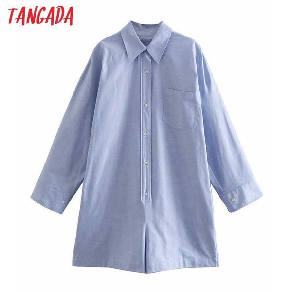 

tangada women chic fashion oversized blue playsuits vintage long sleeve buttons female short jumpsuits 2w82 210609, Black;white