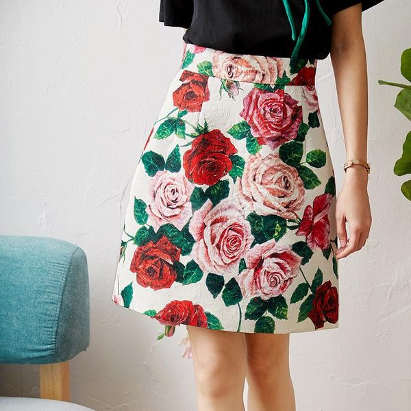 

skirts rose print female the spring 2021 a word skirt of tall waist, Black