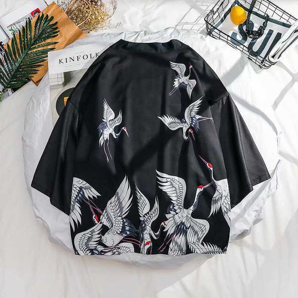 Zazomde verão homens kimono jaqueta plus size cardigan padrões abertos pontos de peixe padrão de guindaste de peixe harajuku homens conjunto y0831