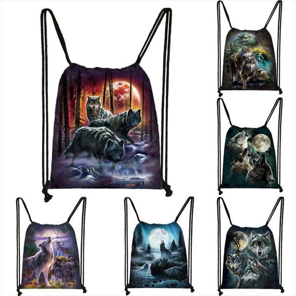 

winter howling wolf print drawstring bag men storage bags teenager boys backpack fashion travel bookbag mini