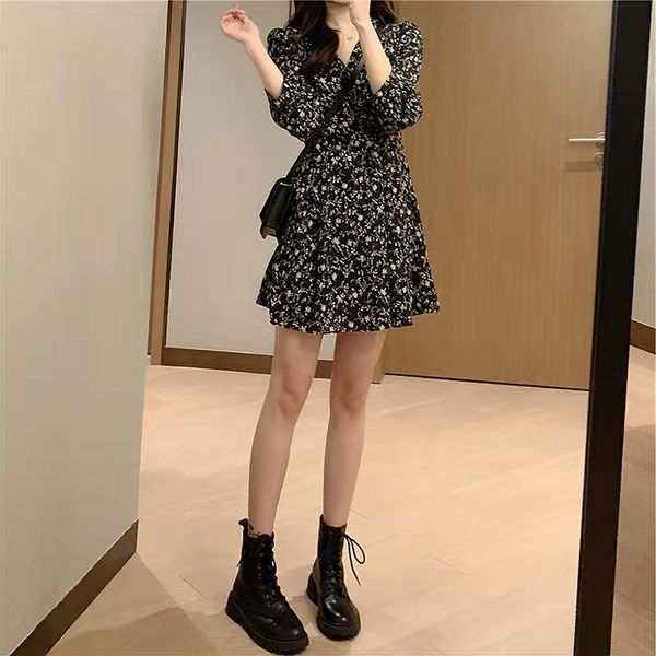 

casual dresses korean fashion summer dress women 2021 chiffon floral french style high waist flare sleeve v-neck mini, Black;gray