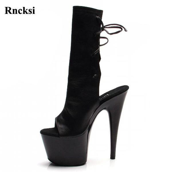 

rncksi lace up women peep toe 17cm lady party boots high heels pole dancing ankle shoes, Black