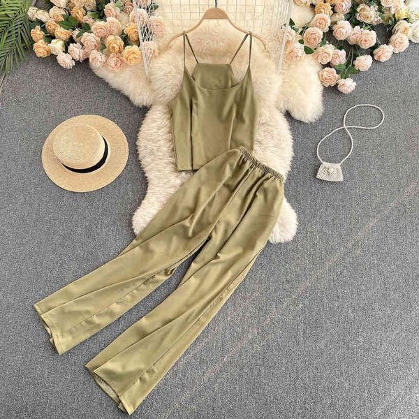 

singreiny women summer korean fashion solid set sleeveless strap short +high waist wide leg long pants two piece suits 210419, White
