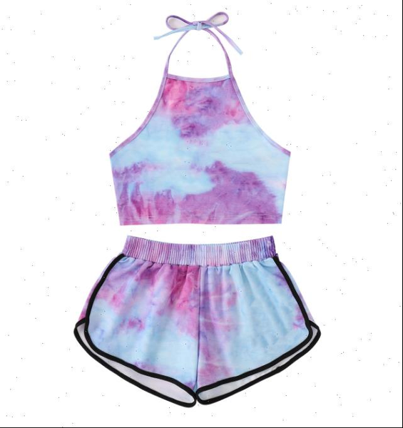 

suit girl tie dyed summer womens pants fashion cool colors dye printed open navel suspender shorts, White