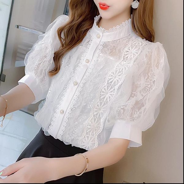 

fashion lace shirt womens blouses women summer black white puff sleeve korean clothing camisas mujer blusa