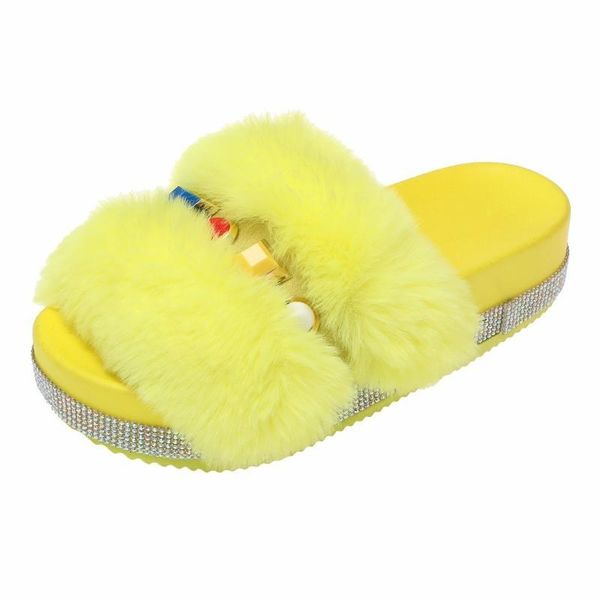 

fashion brand plush slippers for women to wear muffin thick bottom water drill flat heel one line trawl red, Black