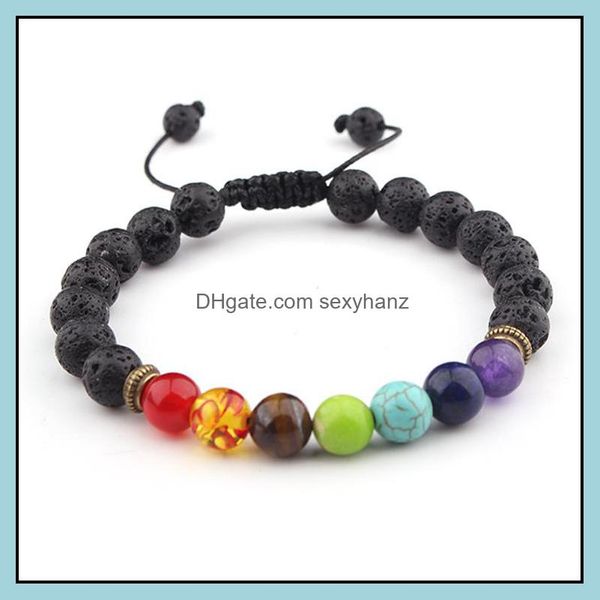 

beaded, strands charms 7 chakra bracelets natural lava stone bracelet adjustable 8mm energy yoga healing beads fashion jewelry gift drop del, Black