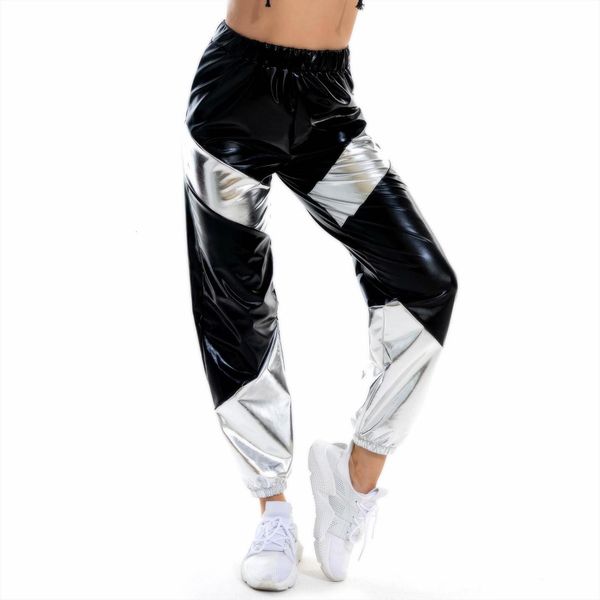 

feminine trousers bright face two womens pant color matching bronzing multi stitching pocket loose trouse, Black;white