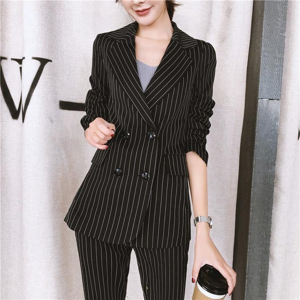 

[ewq] england style long sleeve striped loose fashion suit jacket + high waist wild ladies casual trousers two-piece qk238 two piece dress, White