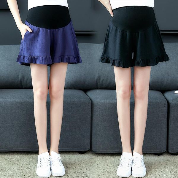 

6036# summer thin cotton maternity shorts ruffle wide leg loose belly clothes for pregnant women casual pregnancy bottom bottoms, White