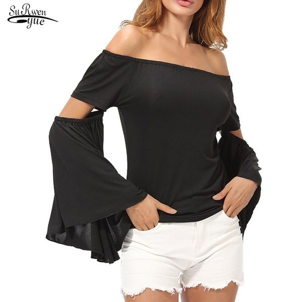 Sonbahar Seksi Kapalı Omuz Flared Kollu Siyah T-shirt kadın T-Shirt Tüm Maç Ince Kadınlar Şık Chemisier Femme Tops 12435 210521