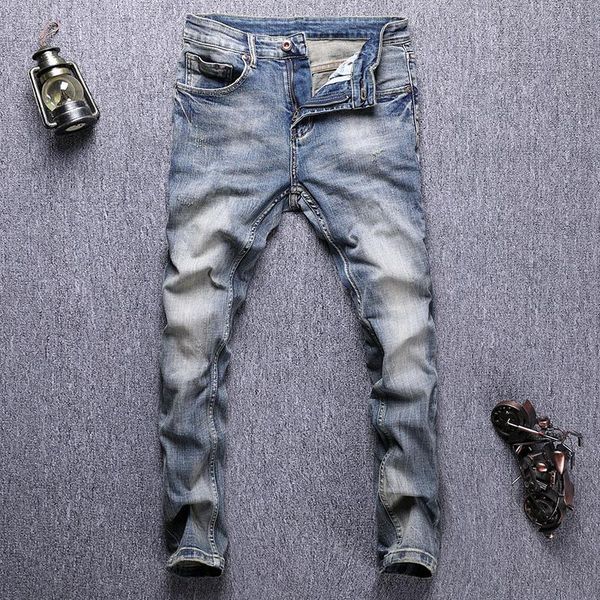 

men's jeans italian style fashion men retro blue elastic slim fit ripped vintage designer casual denim pants