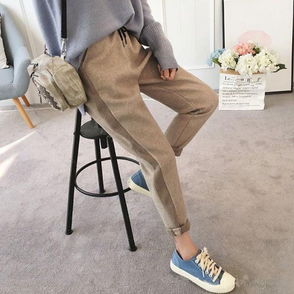 

women's pants & capris winter thicken warm high waist harem women vintage elastic woolen loose long trousers, Black;white