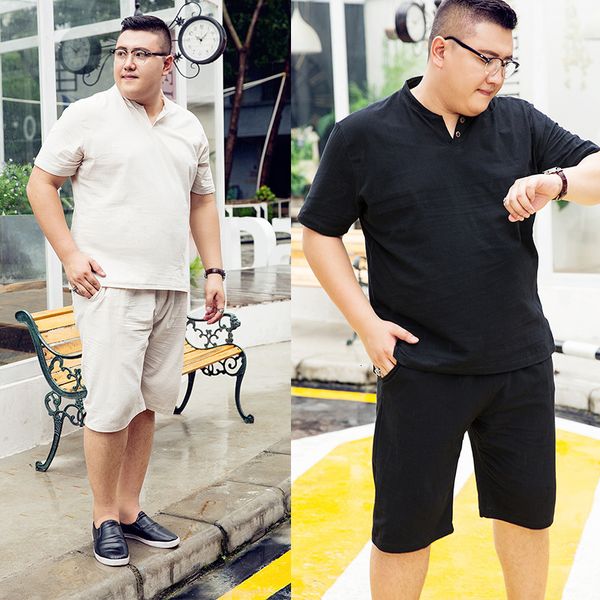 

men's tracksuits 2 piece short-sleeved t-shirt sets cotton and linen v-neck suit summer casual loose large size plus fertilizer sp, Gray